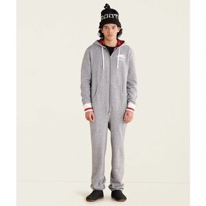 Roots Cabin Mens Grey Buffalo Plaid Zip Up Winter Sweater Fleece Onesie